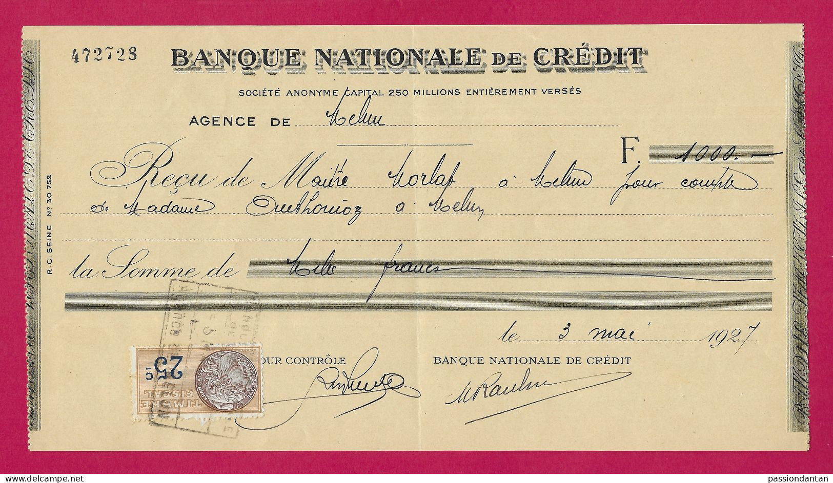Reçu De La Banque Nationale De Crédit Daté Du 3 Mai 1927 - Agence De Melun En Seine Et Marne - Bank & Versicherung
