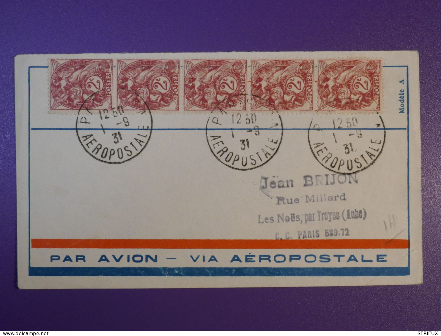 N0   FRANCE   BELLE LETTRE  1931  PARIS AEROPOSTALE +BANDE VERT. DE BLANCS +AEROPHILATELIE +AFF. INTERESSANT++ - 1927-1959 Briefe & Dokumente