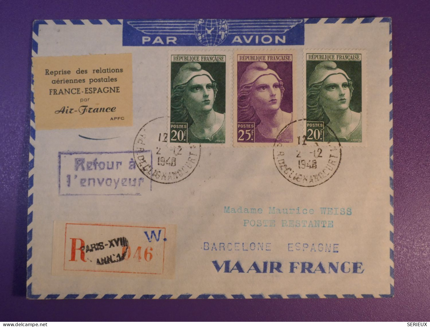 C   FRANCE   BELLE LETTRE RECO  1948  REPRISE DES REL. FRANCE ESPAGNE A BARCELONE RETOUR+AEROPHILATELIE +GANDON 25F +++ - 1927-1959 Brieven & Documenten