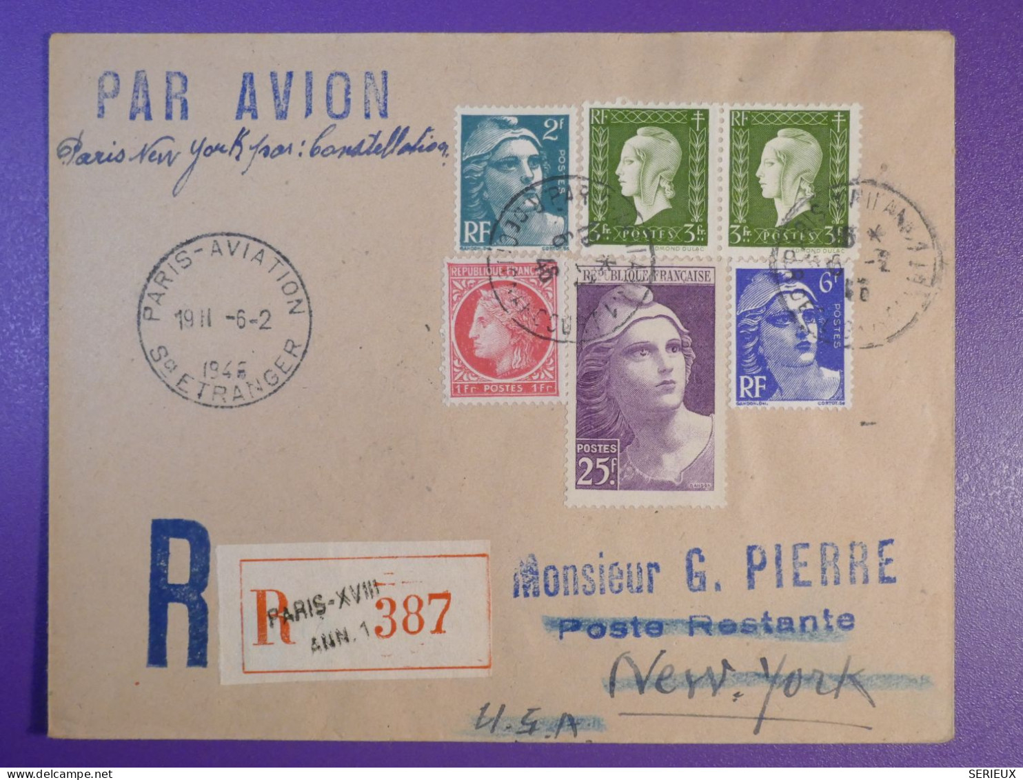 N0   FRANCE   BELLE LETTRE RECO  1946  PARIS A NEW YORK USA  PAR CONSTELLATION+AEROPHILATELIE +GANDON 25F +++ - 1927-1959 Lettres & Documents