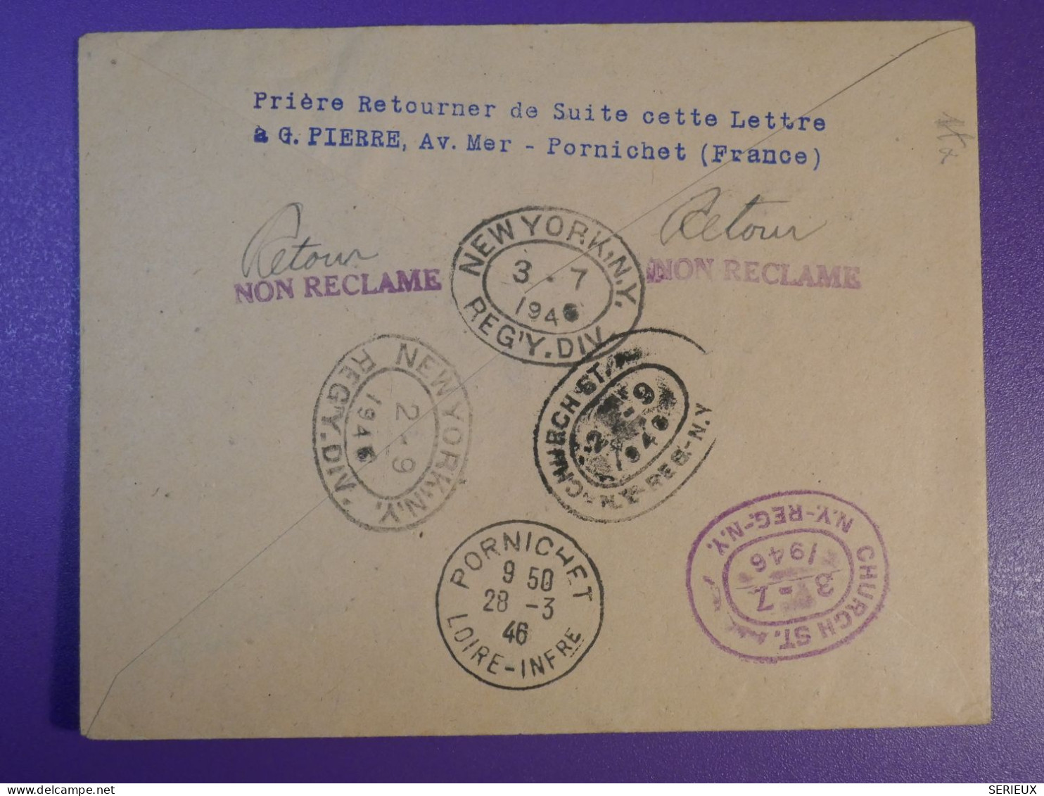 N0   FRANCE   BELLE LETTRE RECO  1946  PARIS A NEW YORK USA  PAR CONSTELLATION+AEROPHILATELIE +GANDON 25F +++ - 1927-1959 Brieven & Documenten