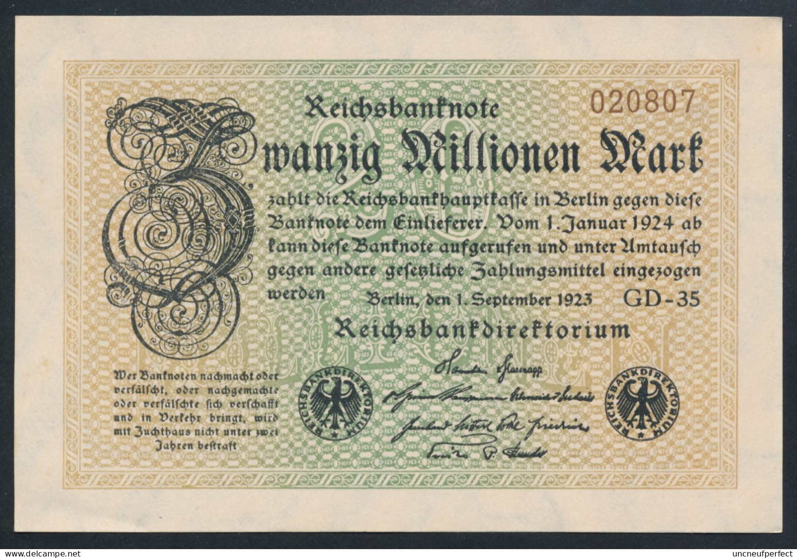 P108c Ro107e DEU-121h. 20 Million Mark 1923 NEUF UNC - 20 Miljoen Mark