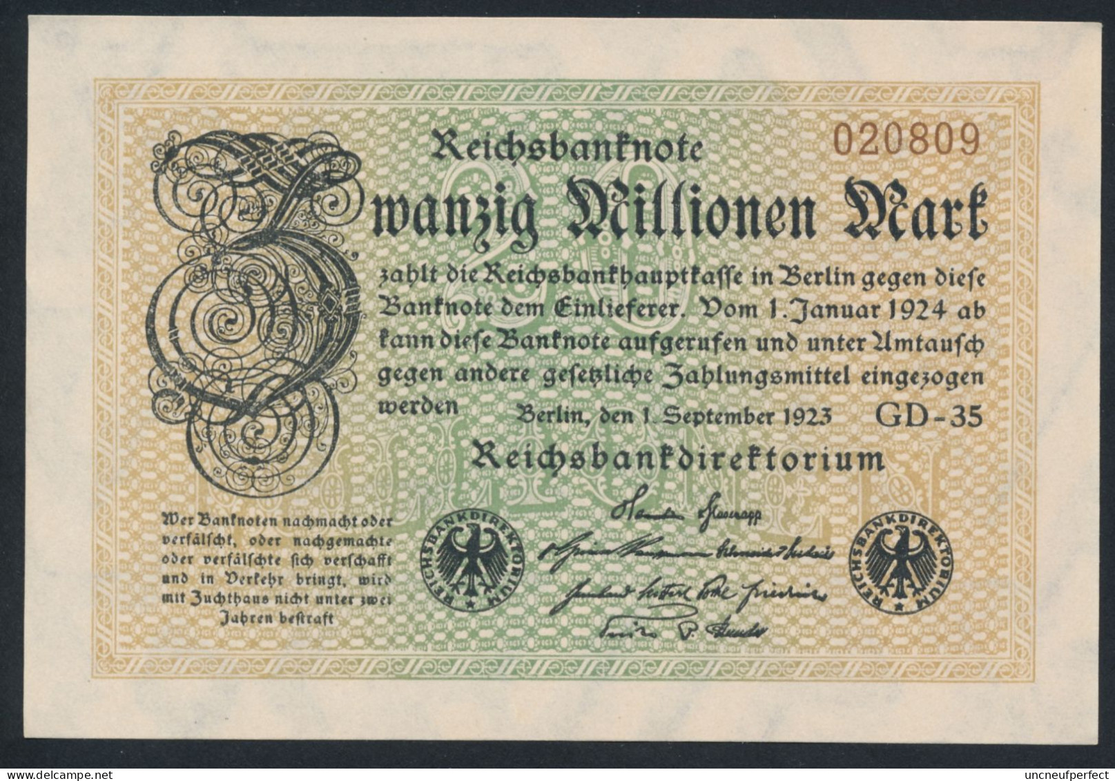 P108c Ro107e DEU-121h. 20 Million Mark 1923 NEUF UNC - 20 Miljoen Mark