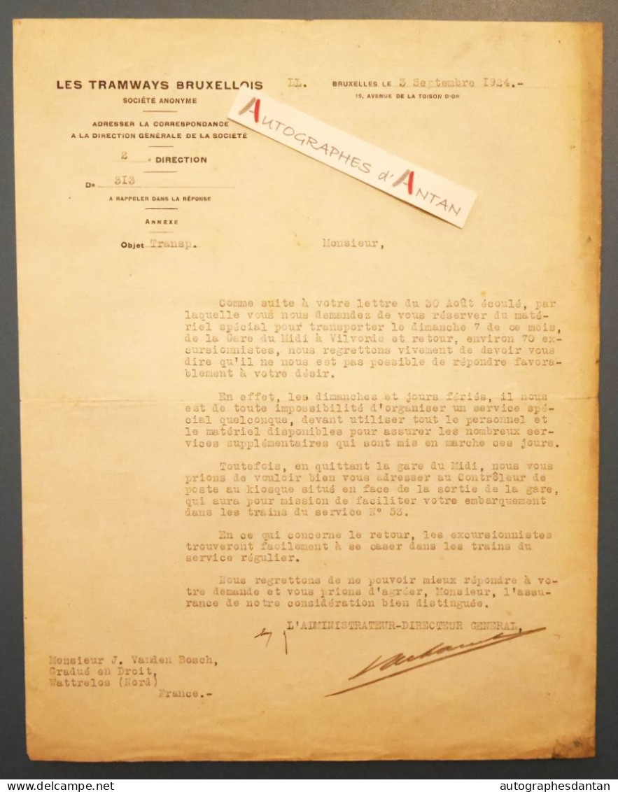 ● LES TRAMWAYS BRUXELLOIS Lettre 1924 à M Vanden Bosch à Wattrelos (Nord France) Belgique Transport Vilvorde Bruxelles - Transporte