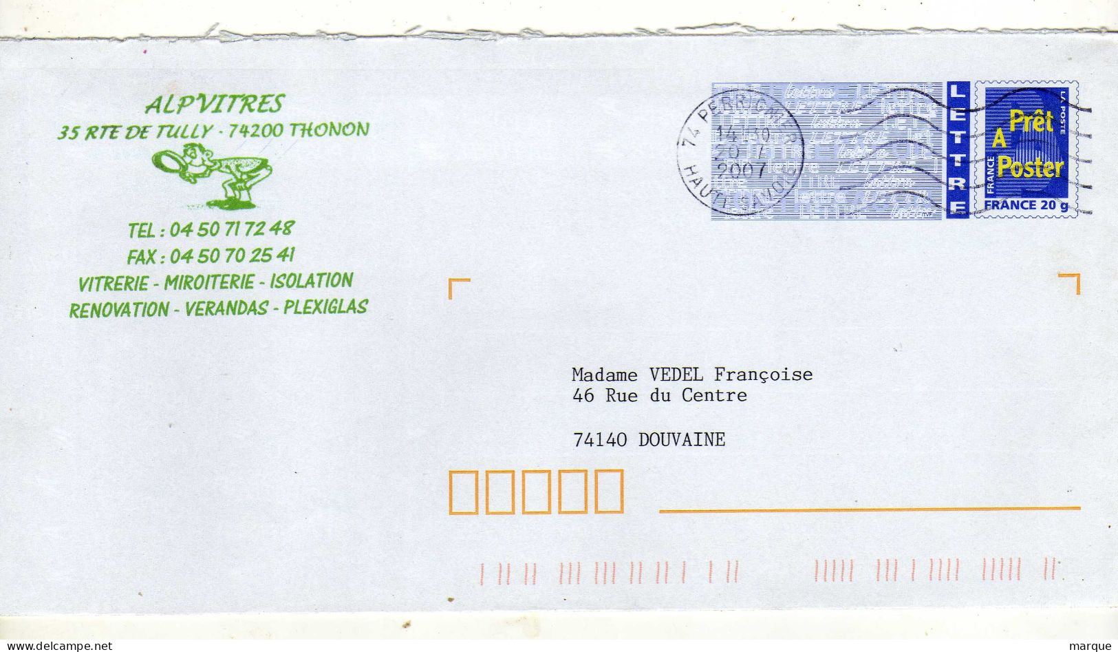 Enveloppe FRANCE Prêt à Poster 20g Oblitération PERRIGNIER 20/07/2007 - PAP: Ristampa/Logo Bleu