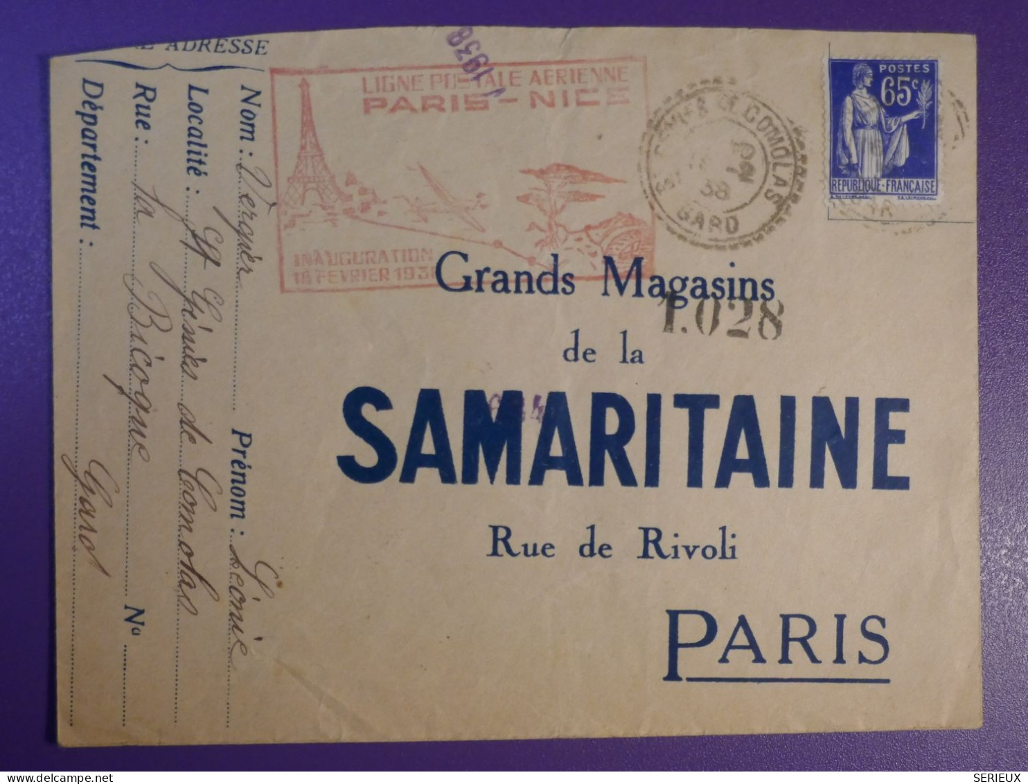 N0   FRANCE   BELLE LETTRE 1938 ST GENIS A PARIS SAMARITAINE PUB  +AEROPHILATELIE +AFF. INTERESSANT+++ - 1927-1959 Storia Postale