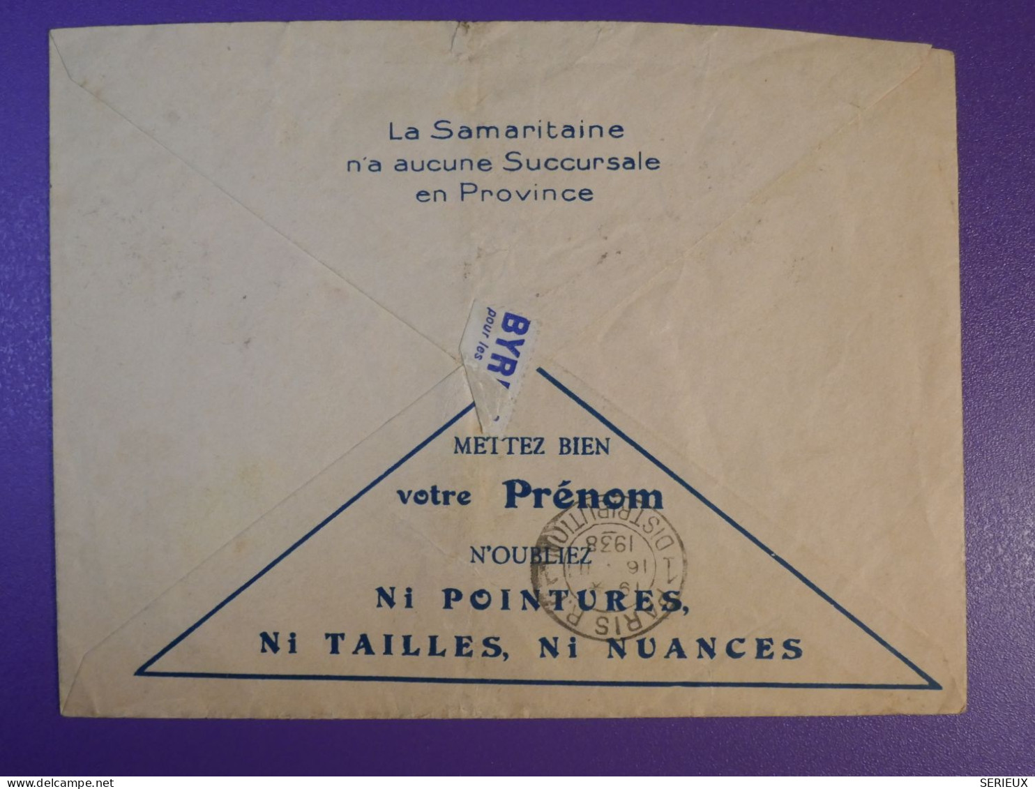 N0   FRANCE   BELLE LETTRE 1938 ST GENIS A PARIS SAMARITAINE PUB  +AEROPHILATELIE +AFF. INTERESSANT+++ - 1927-1959 Lettres & Documents