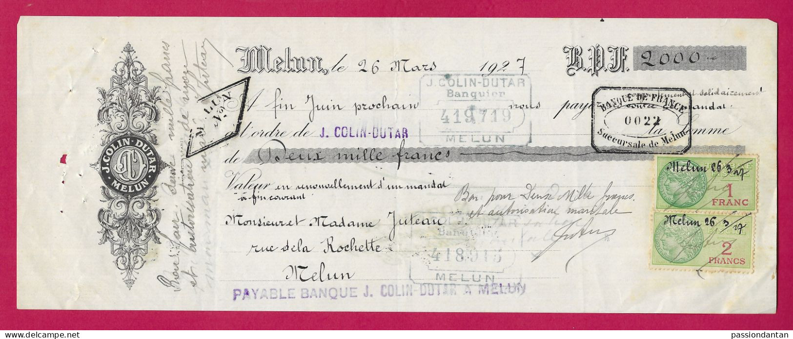 Lettre De Change De L'Établissement Bancaire J. Colin Dutar Sis à Melun - Document Daté Du 26 Mars 1927 - Bank & Insurance