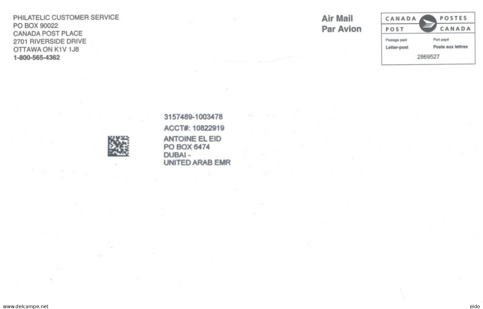 CANADA  -  2023, POSTAGE PRE PAID MACHINE FRANKING COVER TO DUBAI. - Lettres & Documents
