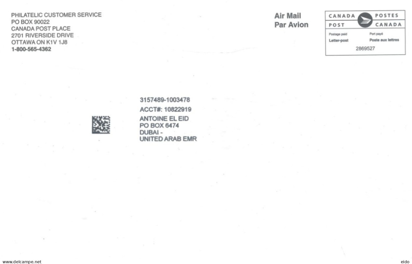 CANADA  -  2023, POSTAGE PRE PAID MACHINE FRANKING COVER TO DUBAI. - Brieven En Documenten