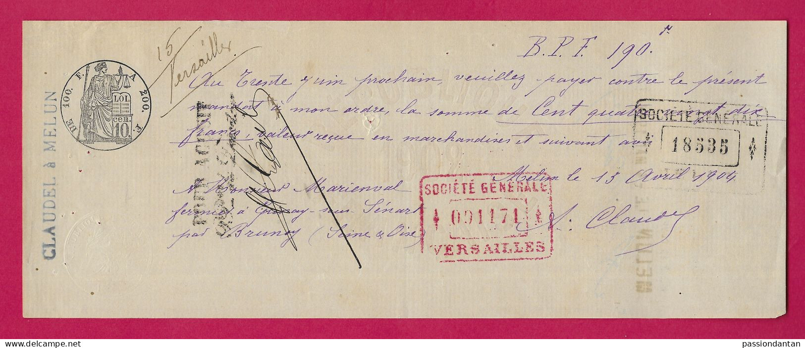 Lettre De Change De L'Établissement Bancaire Claudel Sis à Melun - Document Daté Du 13 Avril 1904 - Bank En Verzekering