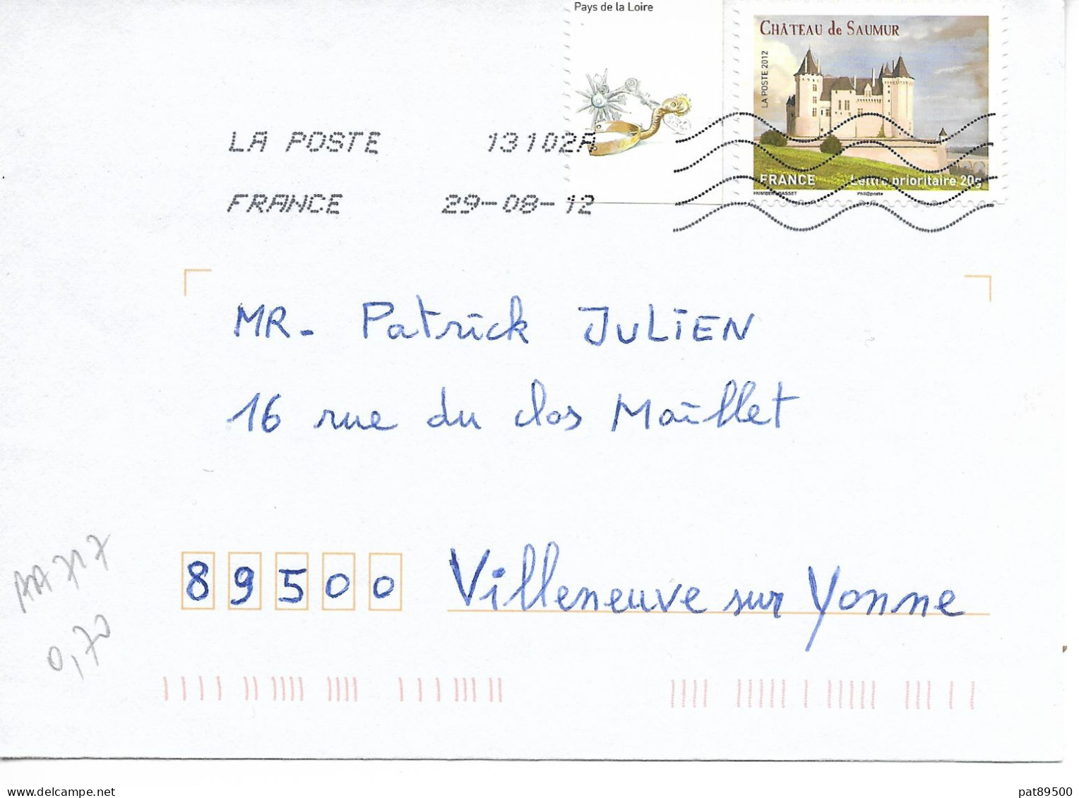 France 2012 - AA 717 - OBLITERE S/ Enveloppe  08/2012 / CHATEAU De SAUMUR / Ok / - Cartas & Documentos