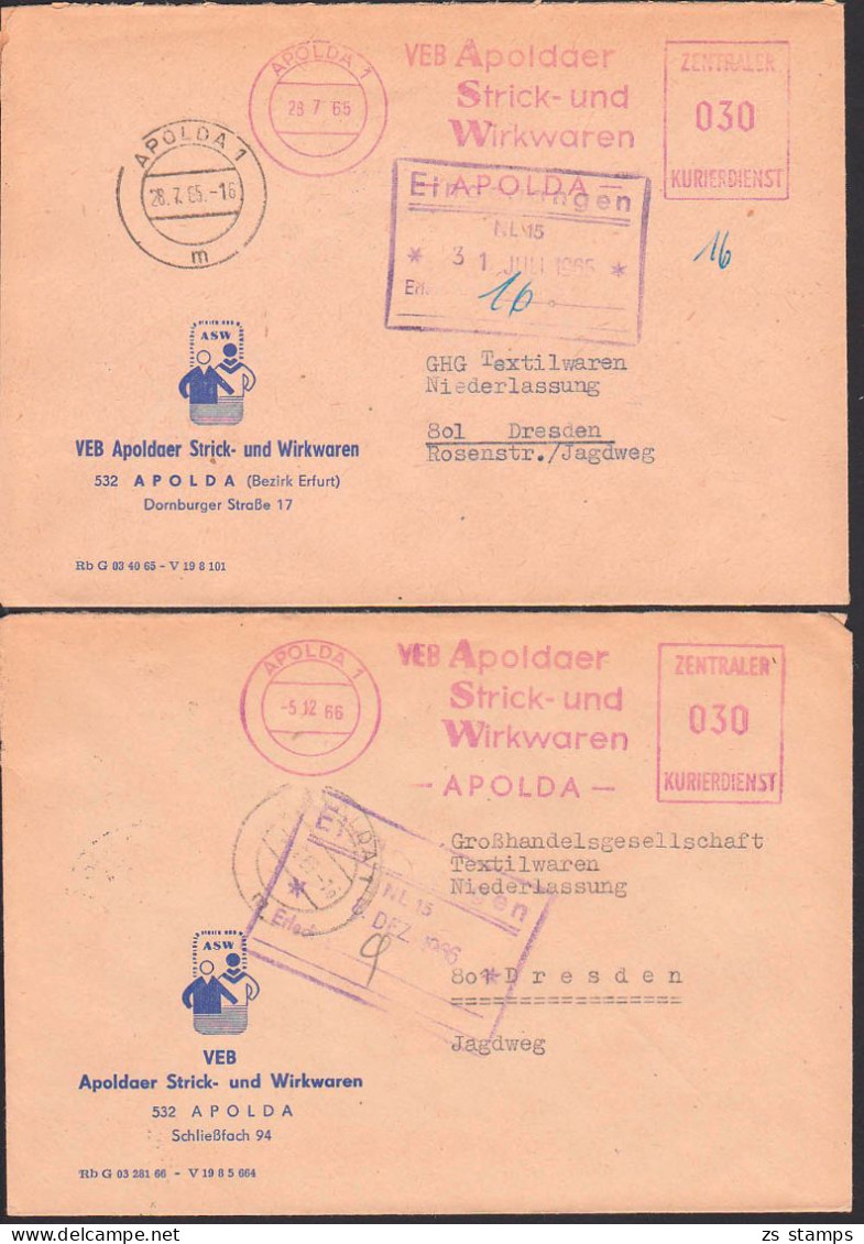 ZKD-Brief AFS Apolda =030= Strickwaren Wirkwaren 28.7.65 Und 5.12.66 - Cartas & Documentos