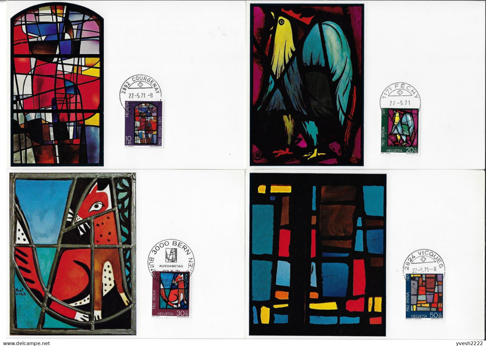 Suisse 1970 Y&T 878 à 881 Sur Cartes Maximum. Pro Patria. Peintures Sur Verre De L'art Sacral Contemporain - Glasses & Stained-Glasses