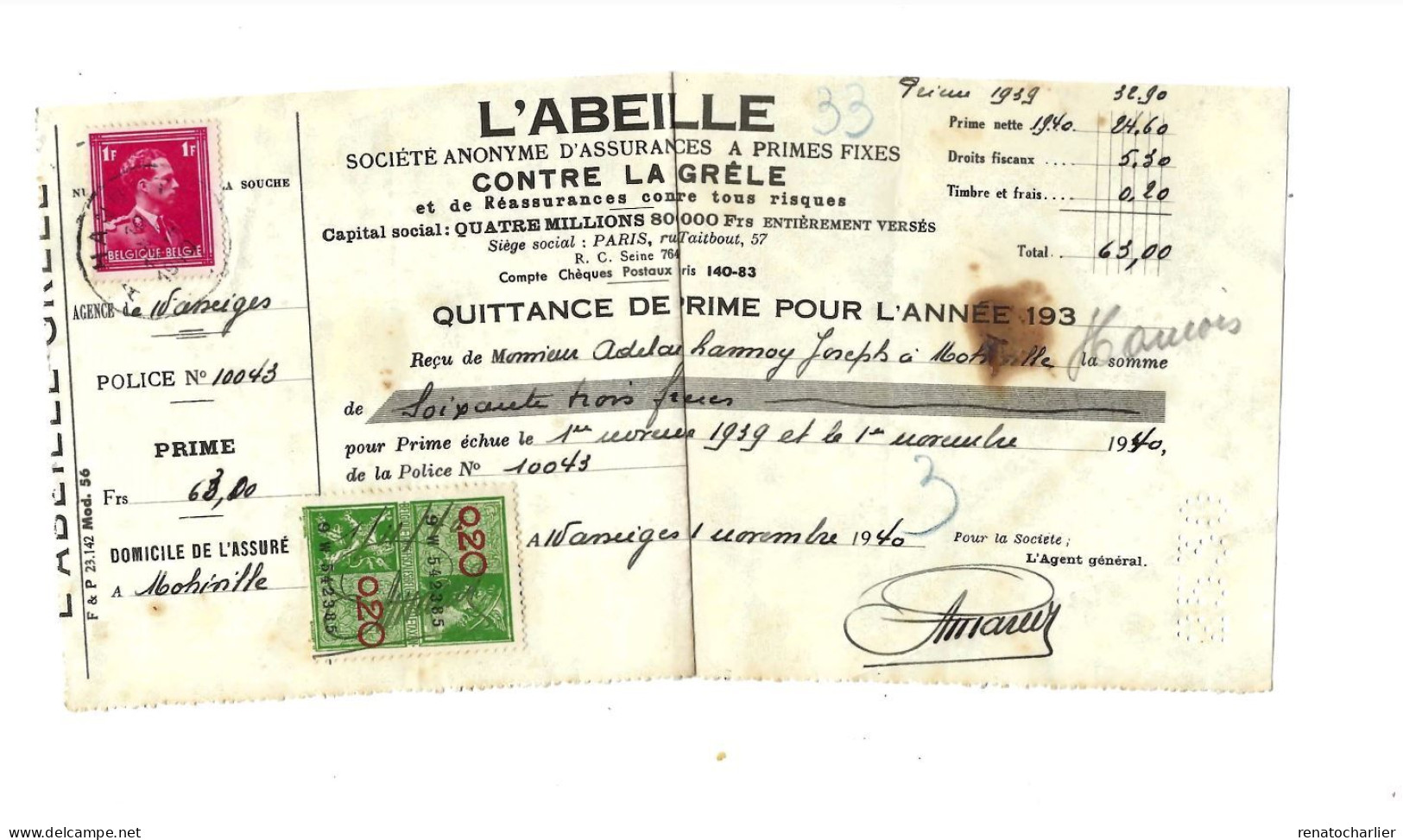 Timbre à 0,20 Franc Sur Quittance L'Abeille.1940 - Documents