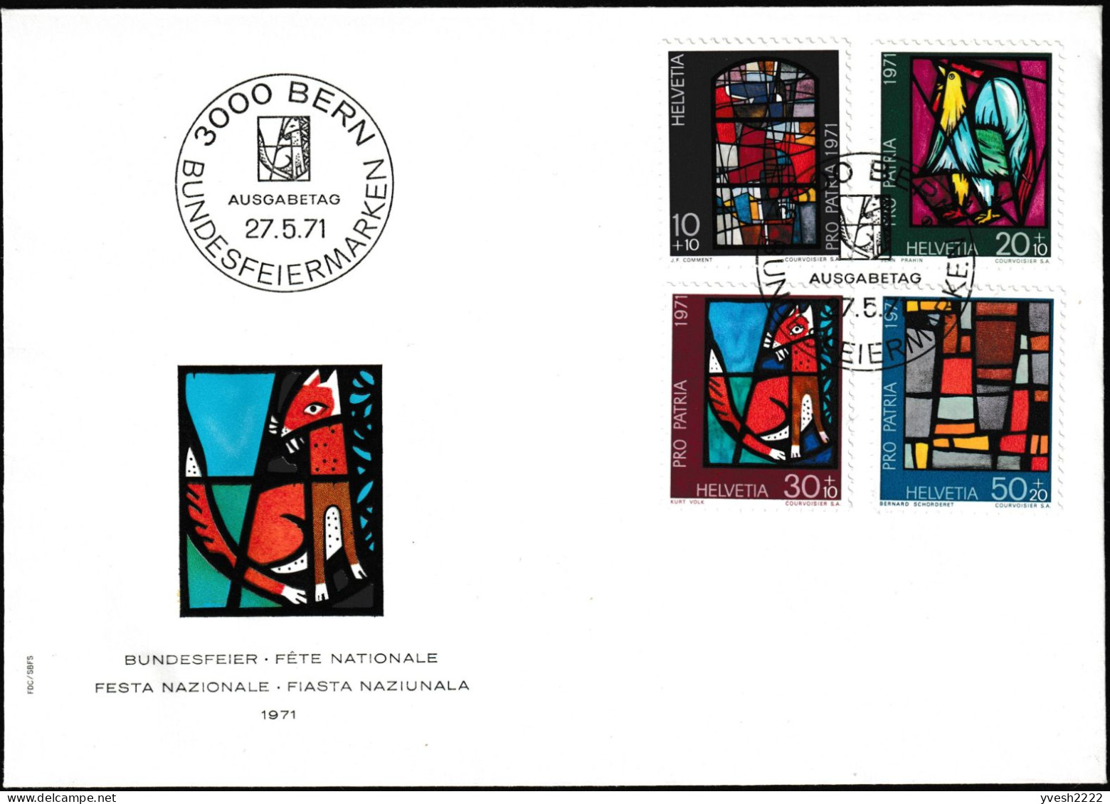 Suisse 1970 Y&T 878 à 881 Sur FDC. Pro Patria. Peintures Sur Verre De L'art Sacral Contemporain. Renard - Glas & Fenster