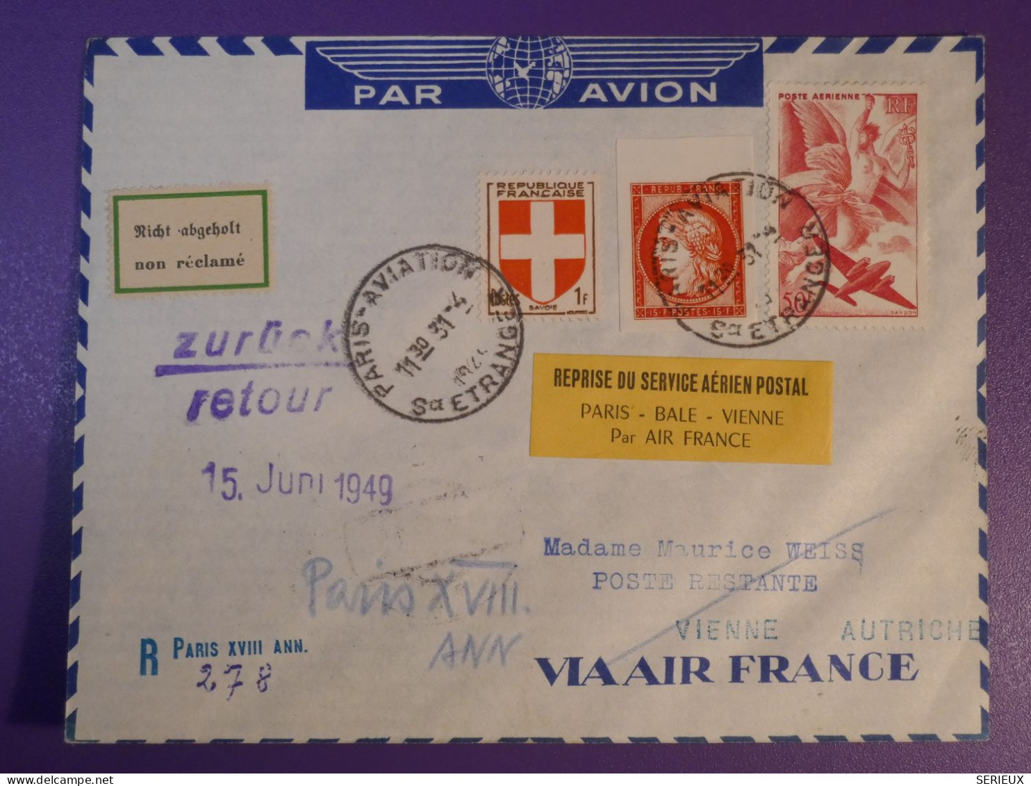 N0   FRANCE   BELLE LETTRE 1931 PARIS A WIEN AUTRICHE+N°830+ RETOUR +AEROPHILATELIE +AFF. INTERESSANT+++ - 1927-1959 Briefe & Dokumente