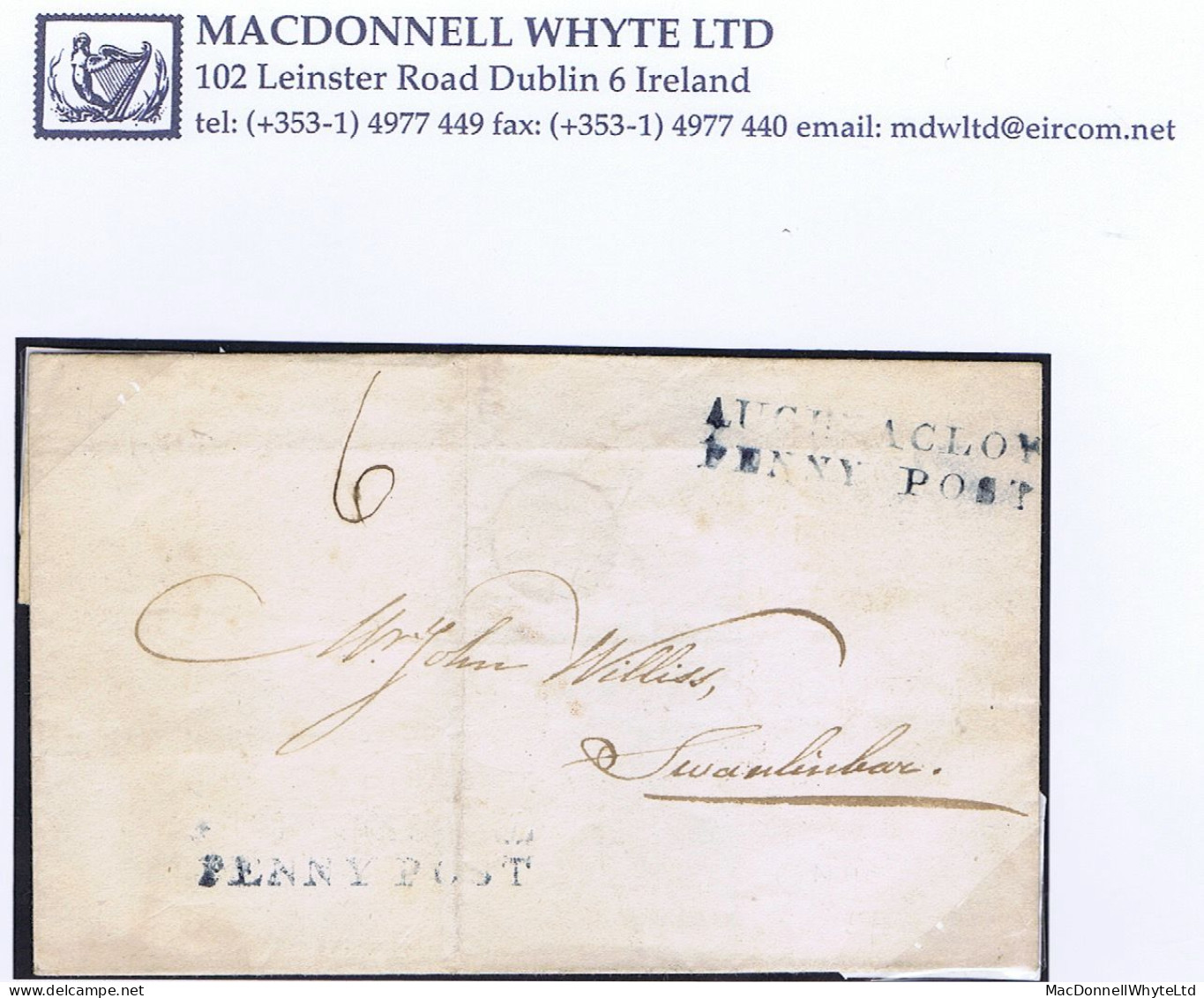 Ireland Tyrone 1835 Cover Augher To Swanlinbar With AUGHNACLOY/PENNY POST In Blue - Préphilatélie