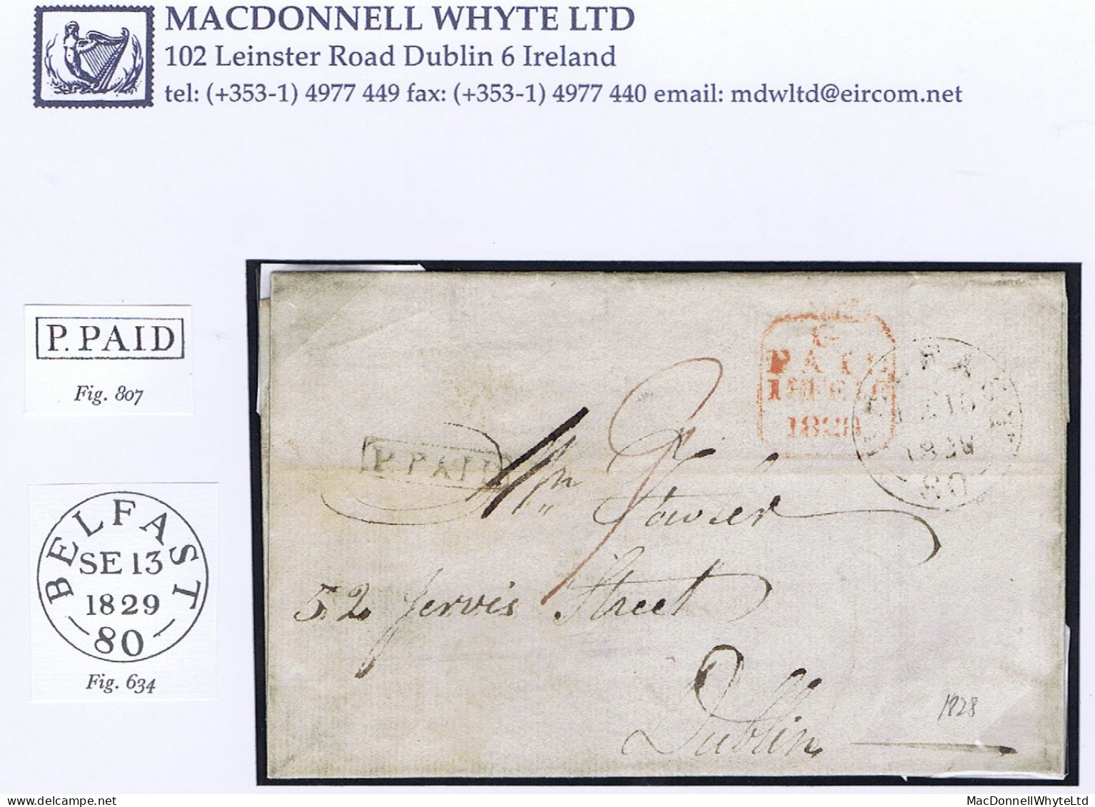 Ireland Belfast 1828 Cover To Dublin Paid "9", Distinctive Boxed P.PAID Of Belfast And Large BELFAST/80 Mileage Cds - Prephilately