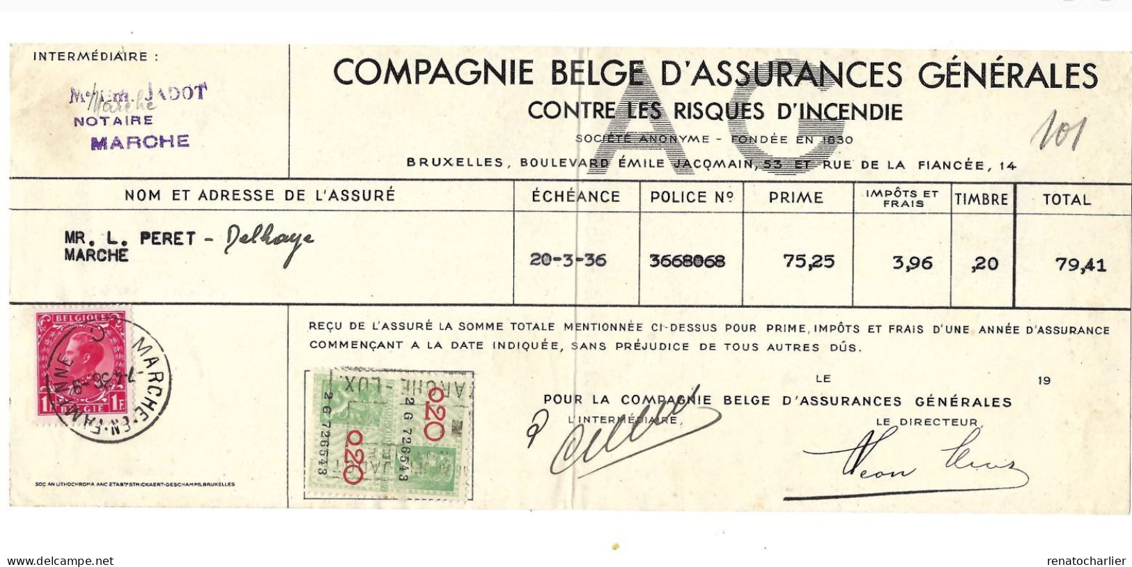 Timbres à 0,20 Sur Quittance Compagnie Belge D'assurances Générales.1936.Jadot,Marche - Dokumente