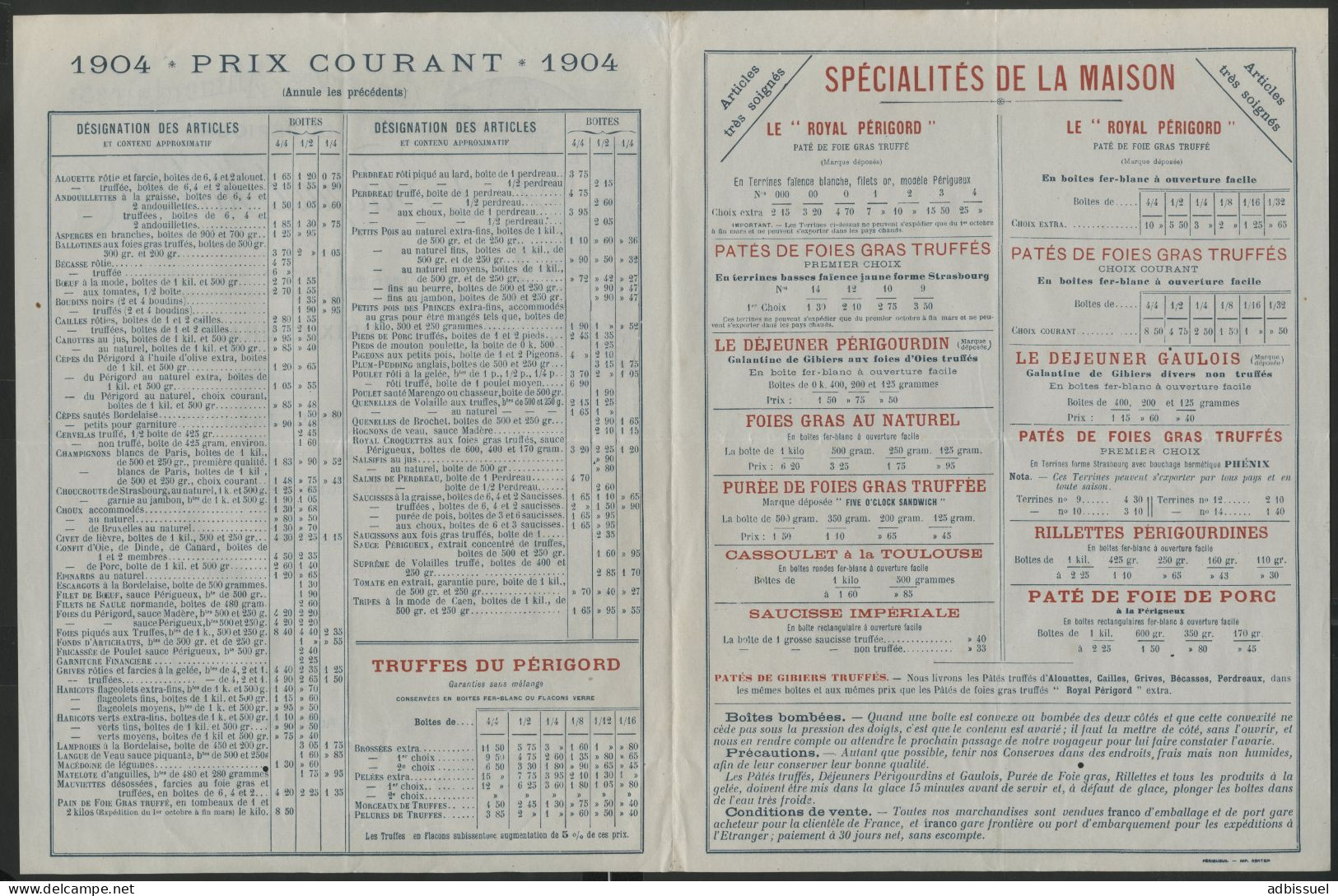 PERIGUEUX TRUFFRES DU PERIGORD, GIBIERS, FOIES GRAS TRUFFES Prix Courant De 1904  Voir Suite - Pubblicitari