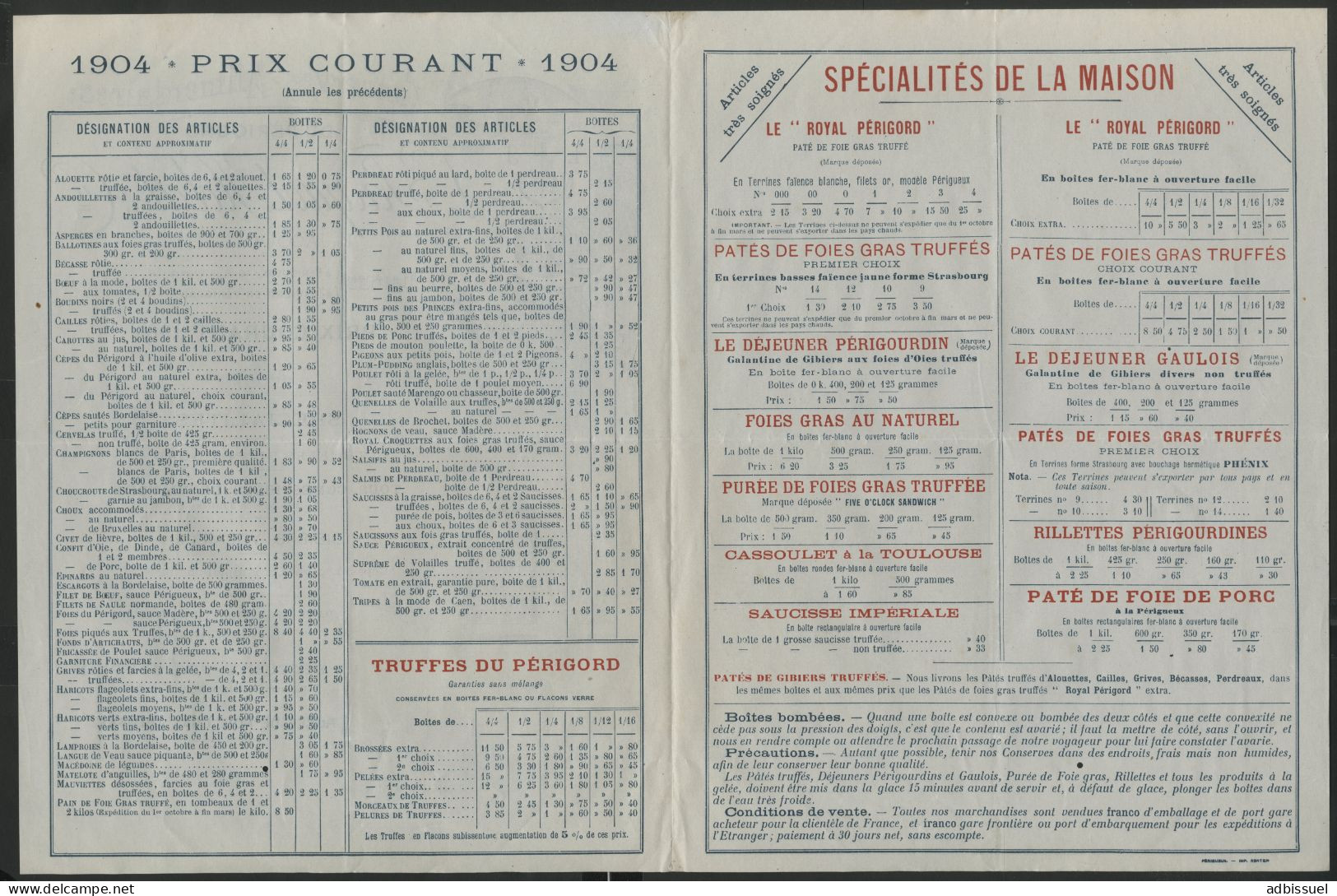 PERIGUEUX TRUFFRES DU PERIGORD, GIBIERS, FOIES GRAS TRUFFES Prix Courant De 1904  Voir Suite - Advertising