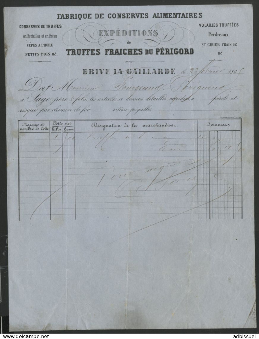 BRIVE LA GAILLARDE TRUFFES FRAICHES DU PERIGORD Facture De 1865 Pour 1,5 Kg De Truffes. - 1800 – 1899
