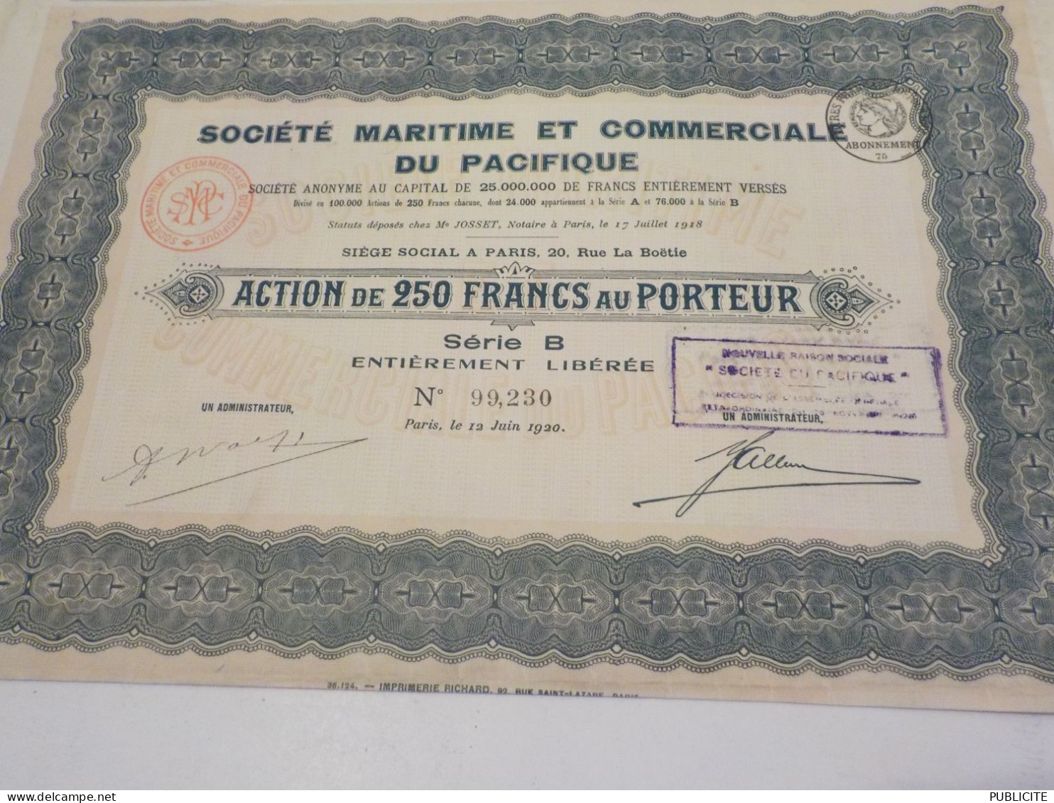 ACTION SOCIETE MARTIME ET COMMERCIALE DU PACIFIQUE 1920 - Navy