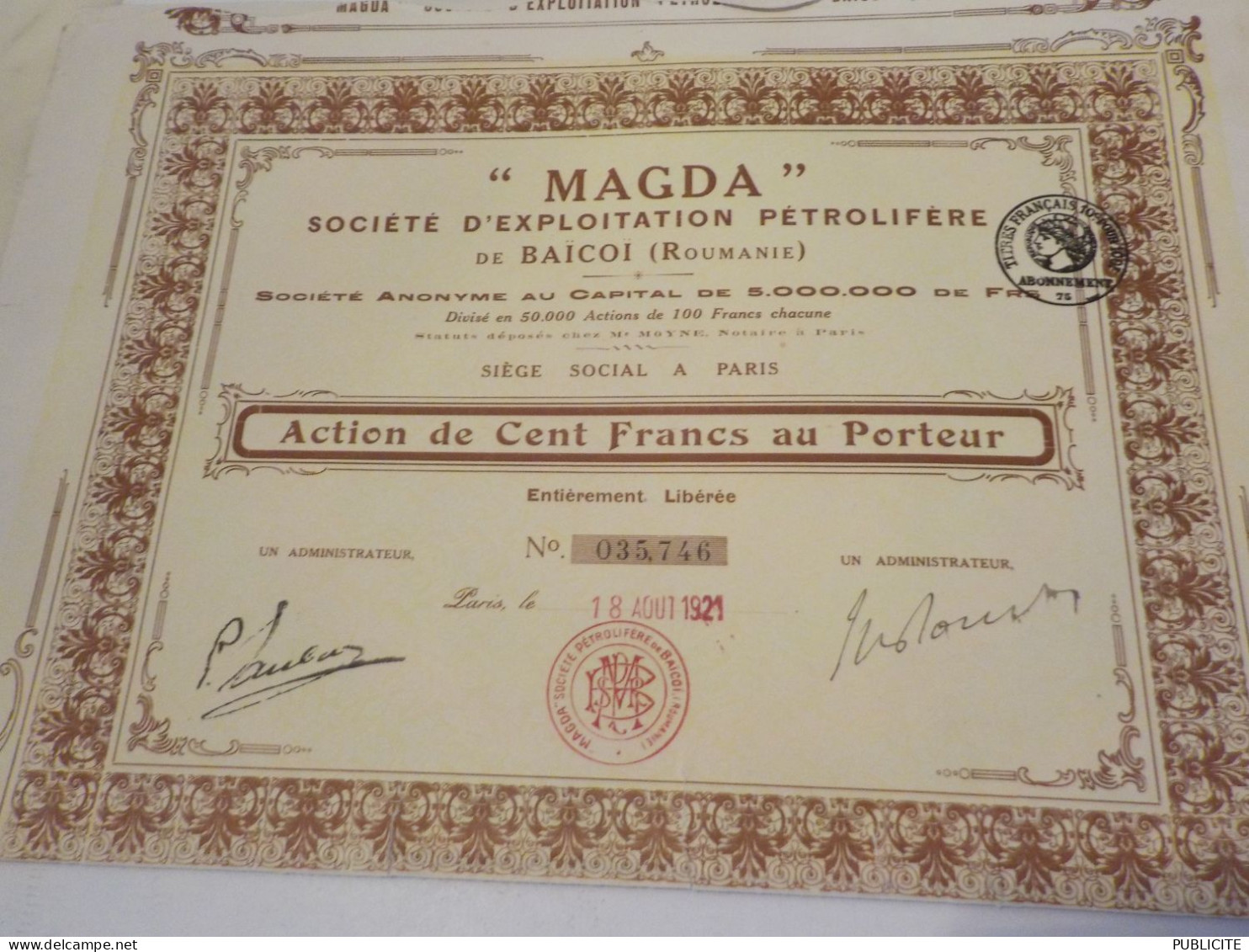 ACTION  MAGDA SOCIETE EXPLOITATION PETROLIFERE DE BAICOI ROUMANIE 1921 - Pétrole