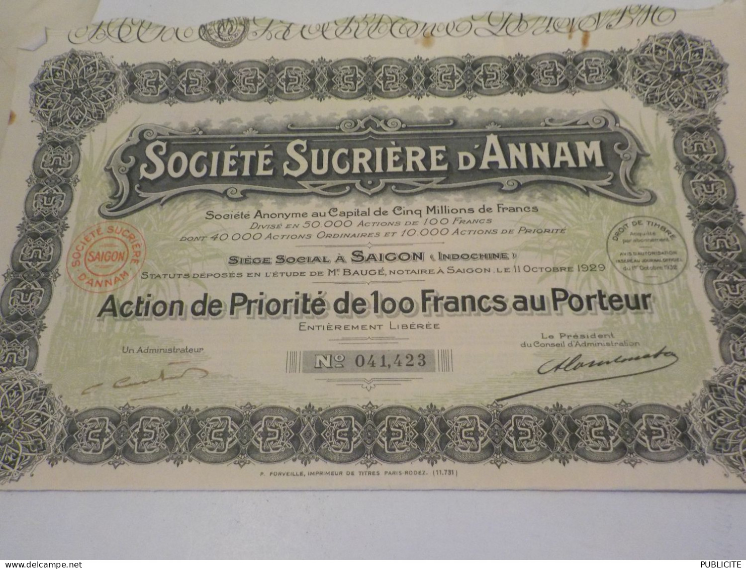 ACTION  SOCIETE SUCRIERE D ANNAM DE AIGON INDOCHINE 1929 - Landwirtschaft