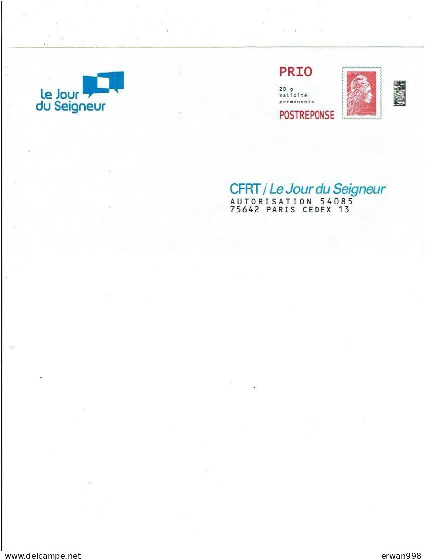75 PARIS CFRT Le Jour Du Seigneur Postréponse Marianne L'Engagée PRIO N° 305187  -  1435 - PAP : Antwoord /Marianne L'Engagée