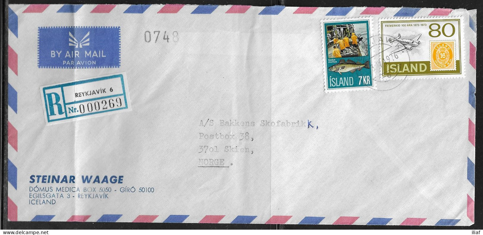 Iceland. Stamps Sc. 436, 453 On Registered Airmail Letter, Sent From Reykjavik On 6.09.1974 To Norge. - Cartas & Documentos