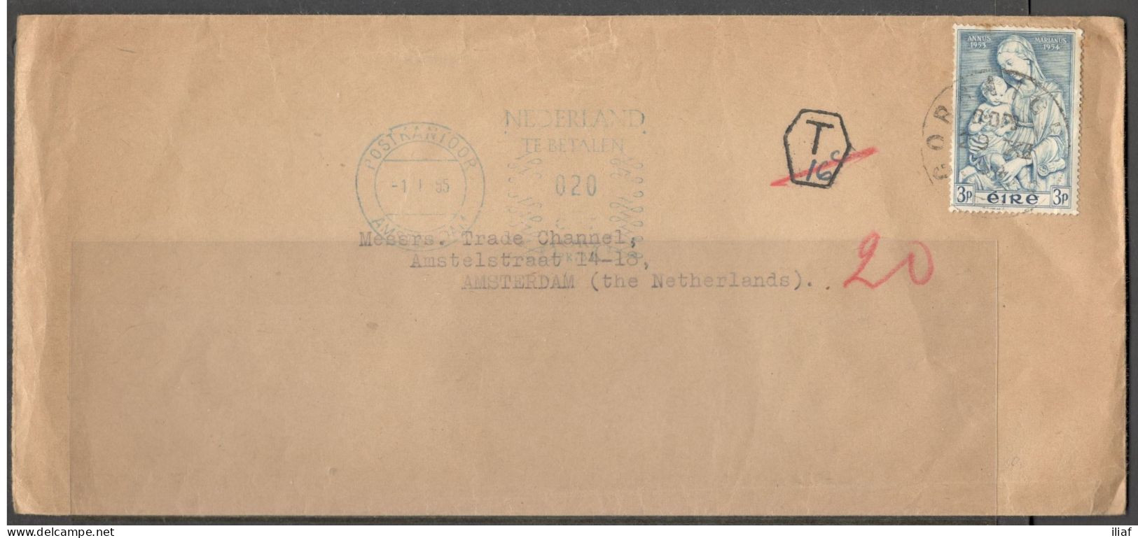 Ireland. Stamp Sc.151 On Letter, Sent From Cork On 29.12.1954 To The Netherland With Blue Machine Pictorial Cancellation - Cartas & Documentos