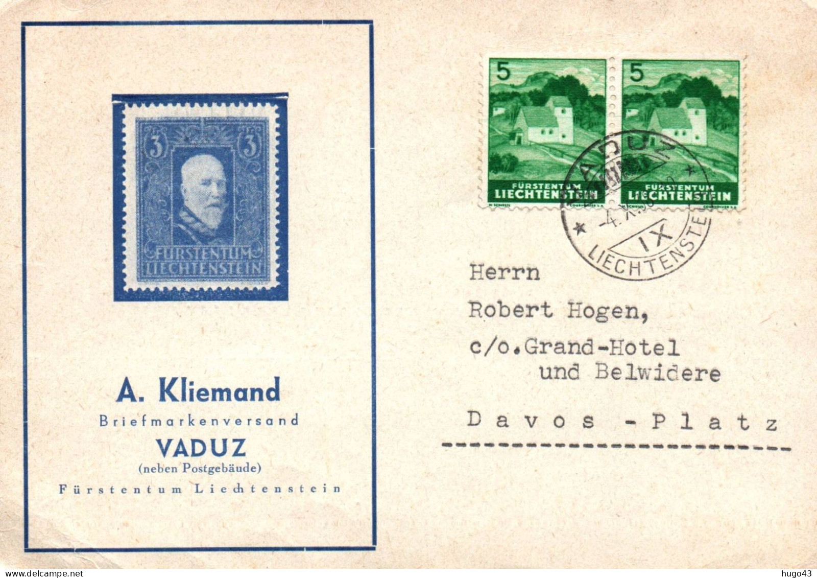 (RECTO / VERSO) CARTE LIECHTENSTEIN A. KLIEMAND BRIEFMARKENVERSAND VADUZ EN 1938 - Cartas & Documentos