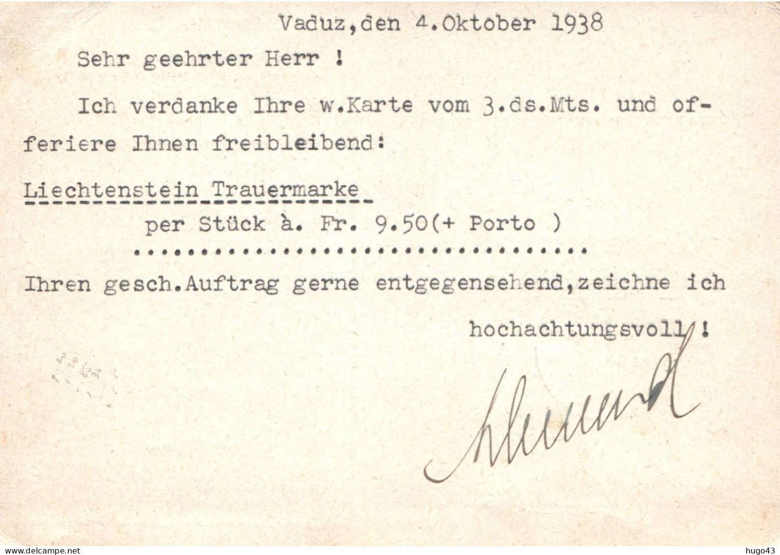 (RECTO / VERSO) CARTE LIECHTENSTEIN A. KLIEMAND BRIEFMARKENVERSAND VADUZ EN 1938 - Storia Postale