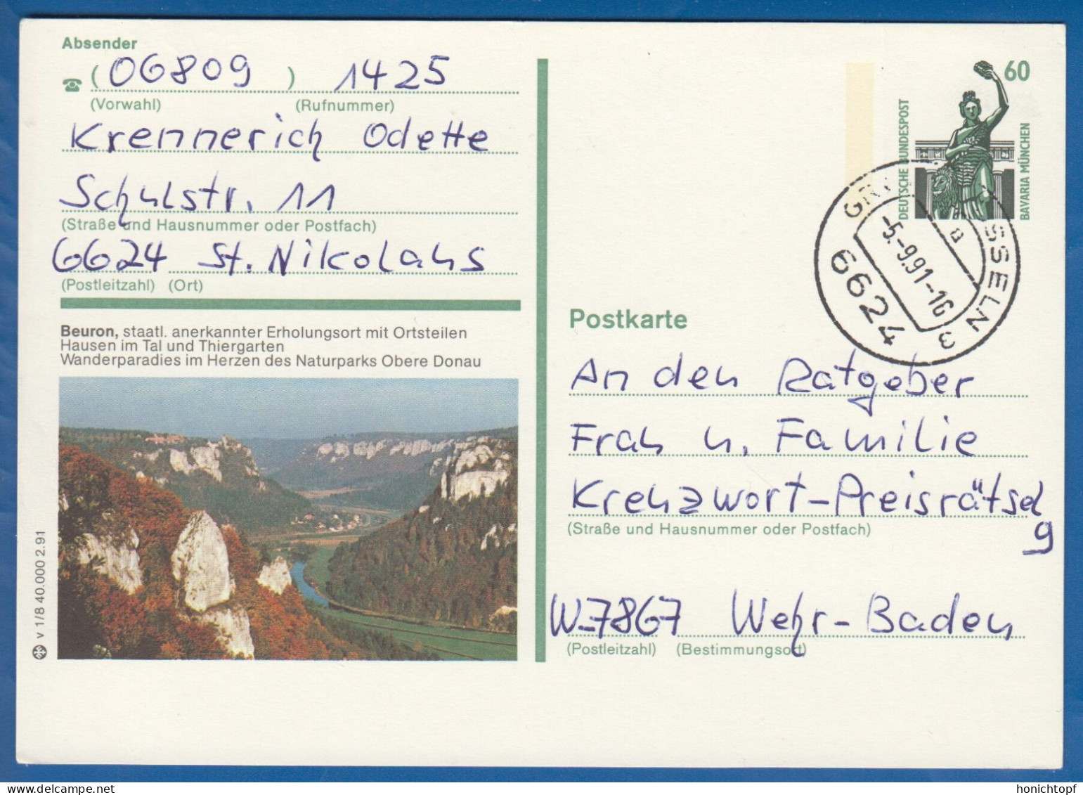 Deutschland; BRD; Postkarte; 60 Pf Bavaria München; Beuron; Bild1 - Bildpostkarten - Gebraucht