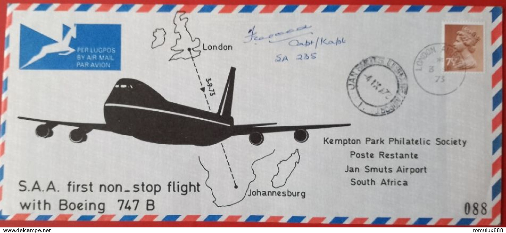 SAA FIRST NON STOP FLIGHT BOEING 747B LONDON-JOHANNESBURG 1974 SIGNED BY CAPTAIN - Storia Postale