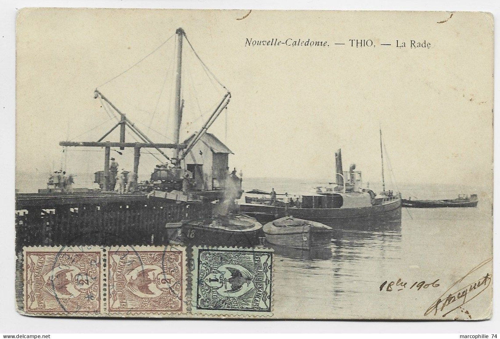 NOUVELLE CALEDONIE CARTE THIO LA RADE + 1C+2C PAIRE CACHET BLEU NOUMEA 1906 - Cartas & Documentos