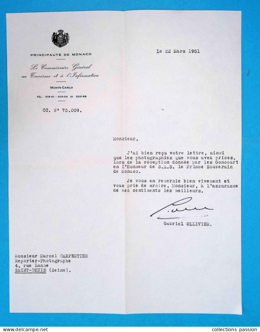 Lettre De Remerciement, Principauté De MONACO, 1951, Le Commissaire Général Au Commerce......, Frais Fr 1.85 E - Altri & Non Classificati