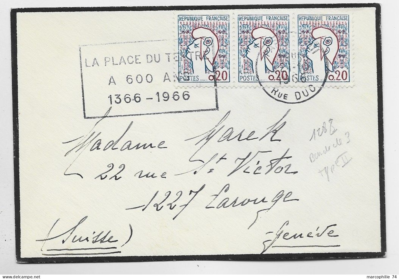 FRANCE COCTEAU 20C TYPE 2 BANDE DE 3 PETITE LETTRE DEUIL PARIS 21.10.1966 POUR SUISSE AU TARIF - 1961 Marianne De Cocteau