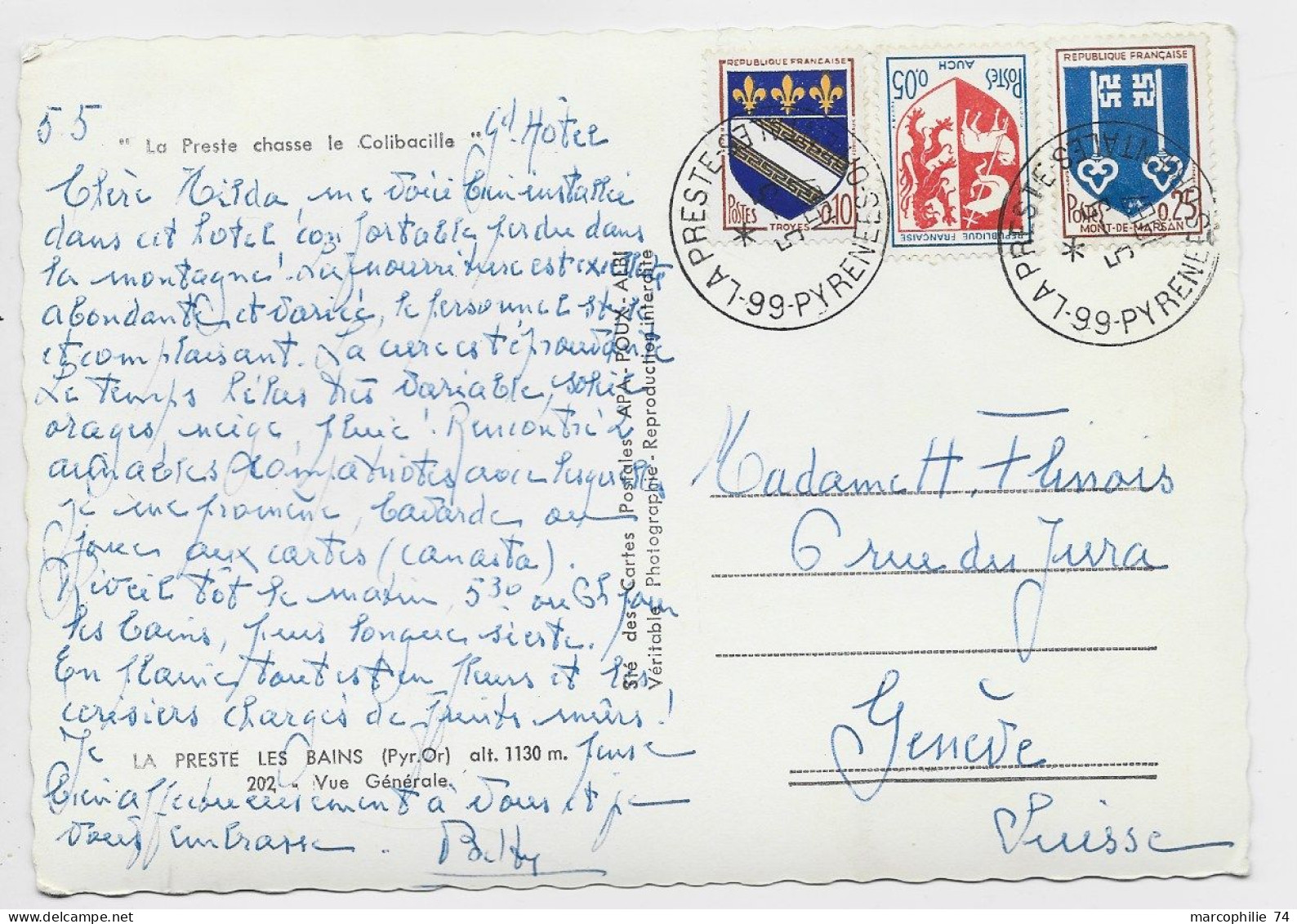 FRANCE BLASON 5C+10C+25C CARTE TIMBRE A DATE 66 LA PRESTE 5.5.1967 PYRENEES ORIENTALES POUR SUISSE AU TARIF - 1941-66 Coat Of Arms And Heraldry