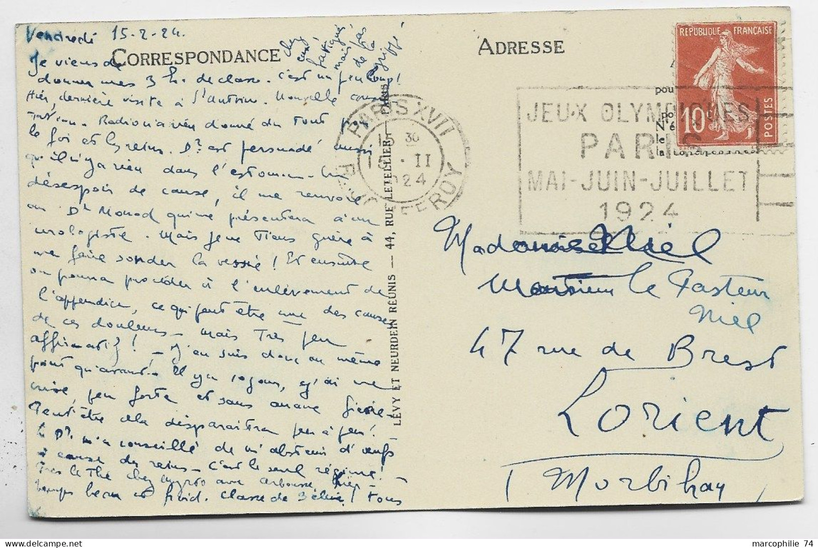 FRANCE SEMEUSE 10C N°138 CARTE MECANIQUE JEUX OLYMPIQUES PARIS R JOUFFROY 15.II.1924 - Sommer 1924: Paris