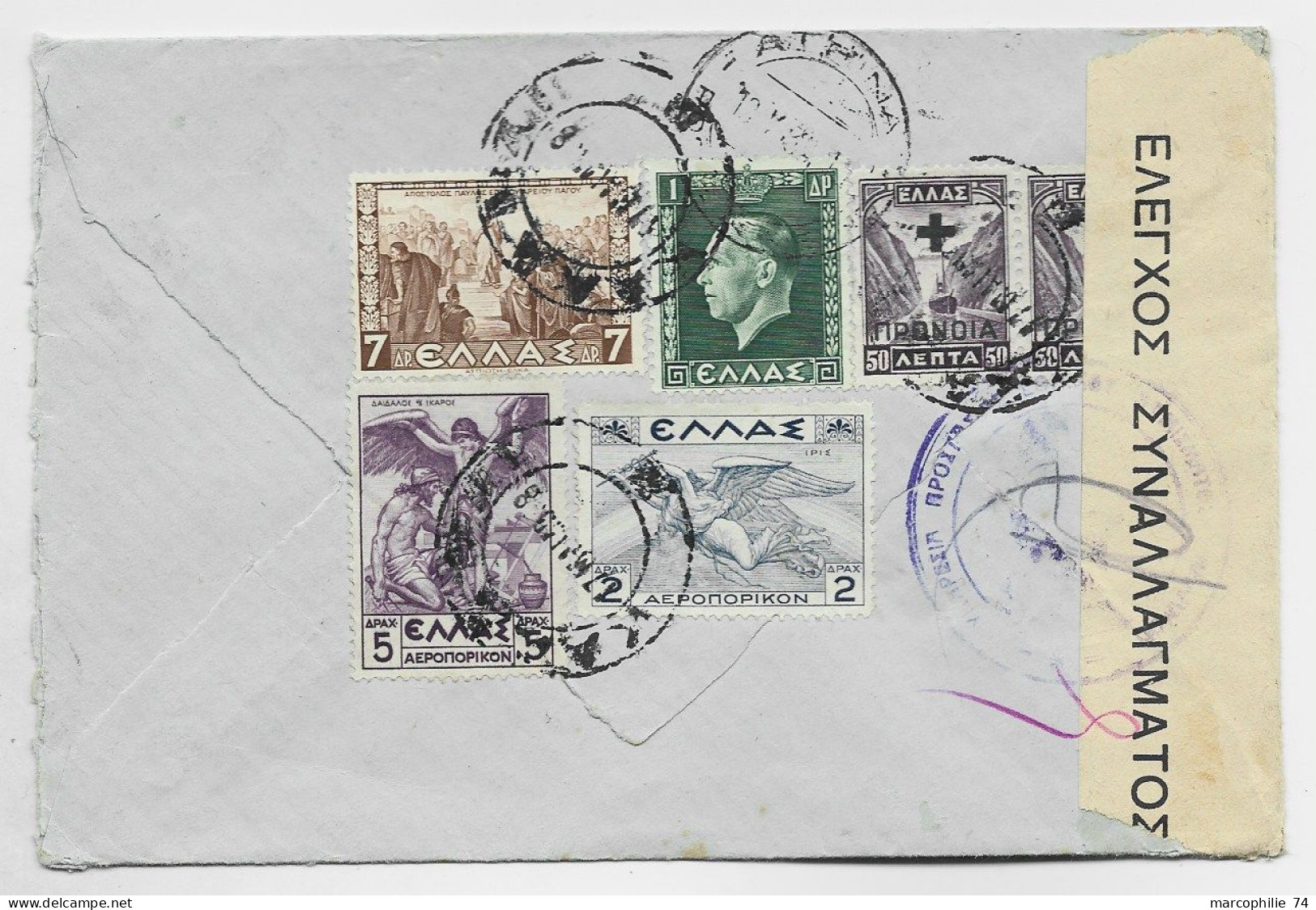 GRECE 7A+5A+PA 2A+1A+50AX2 AU VERSO LETTRE COVER AVION 1949 TO FRANCE + BANDE CONTROLE DU CHANGE - Lettres & Documents