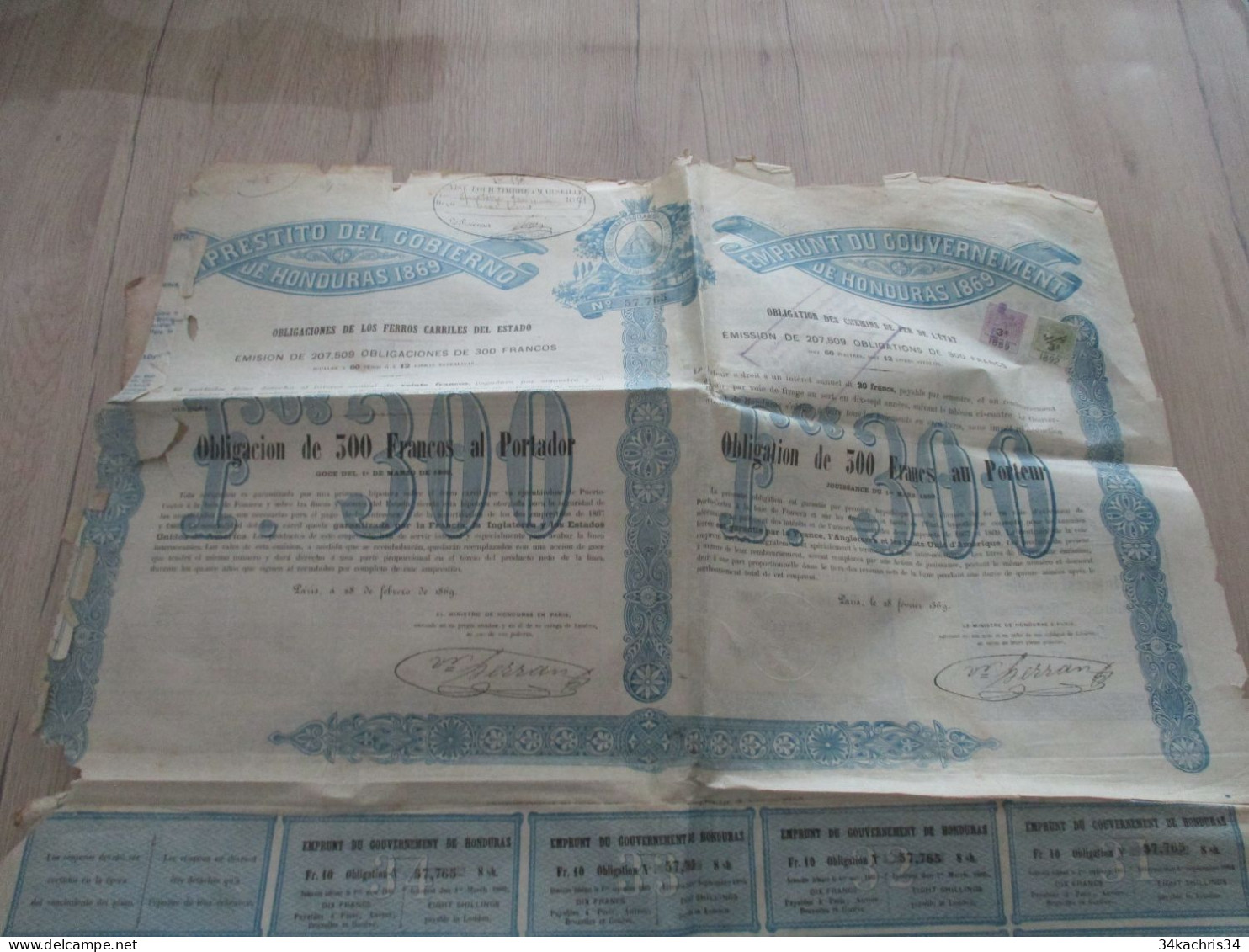 Action Emprunt Du Gouvernement Du Honduras 1869 Avec 2 TP Stamps Fiscaux Anglais English 300 Francs En L'état - Bank & Insurance
