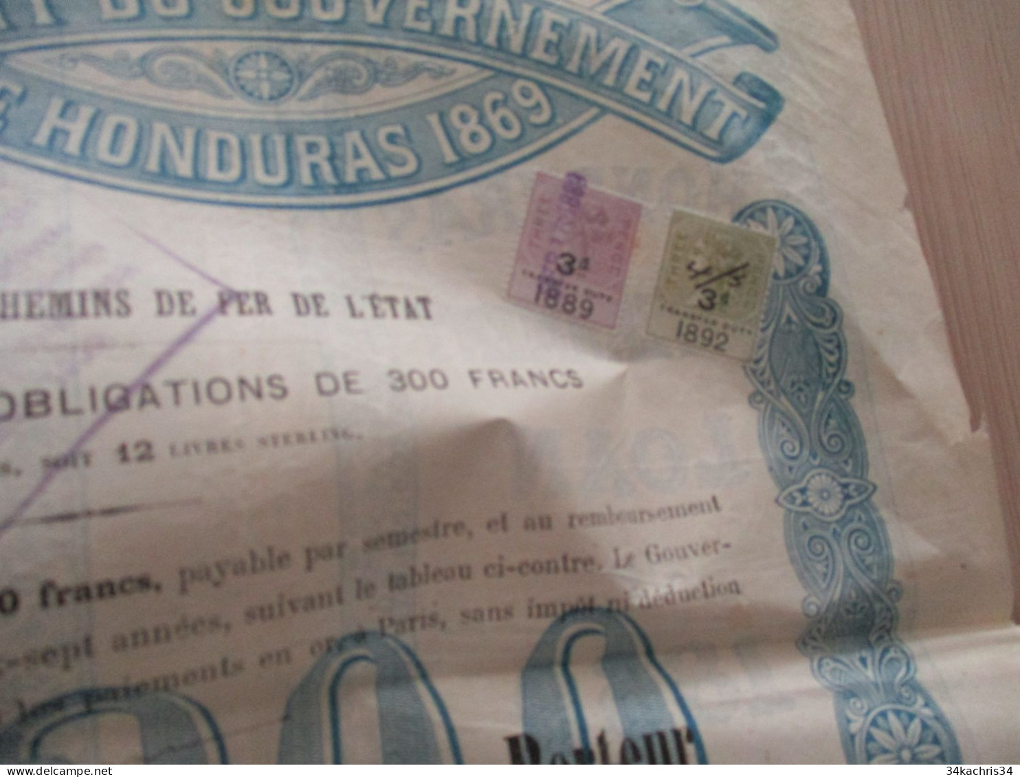 Action Emprunt Du Gouvernement Du Honduras 1869 Avec 2 TP Stamps Fiscaux Anglais English 300 Francs En L'état - Banca & Assicurazione