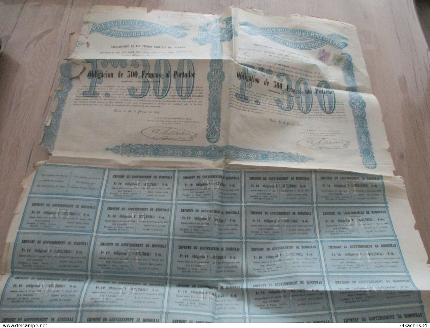 Action Emprunt Du Gouvernement Du Honduras 1869 Avec 2 TP Stamps Fiscaux Anglais English 300 Francs En L'état - Banque & Assurance