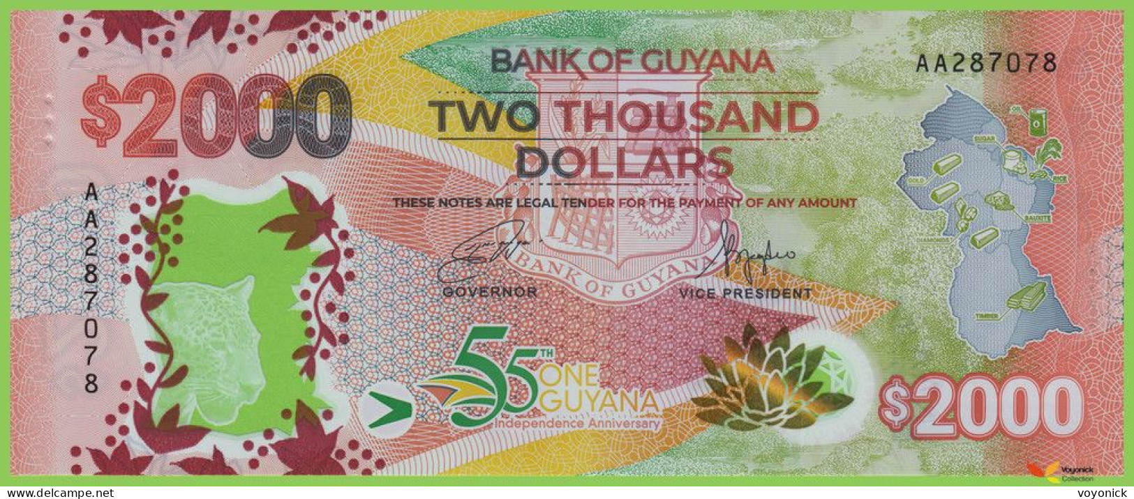 Voyo GUJANA 2000 Dollars ND/2022 P42 B121a AA UNC Commemorative Polymer - Guyana