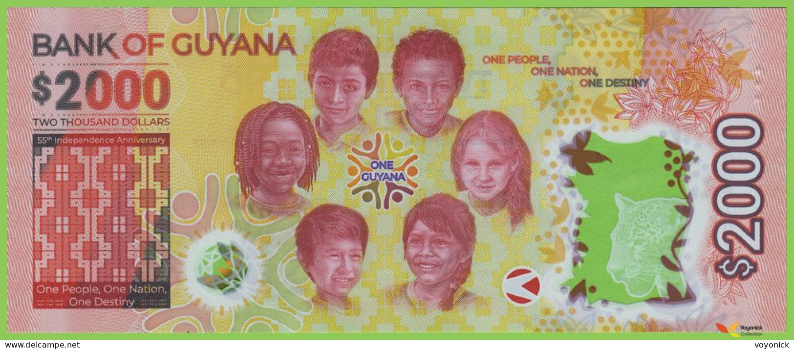 Voyo GUJANA 2000 Dollars ND/2022 P42 B121a AA UNC Commemorative Polymer - Guyana