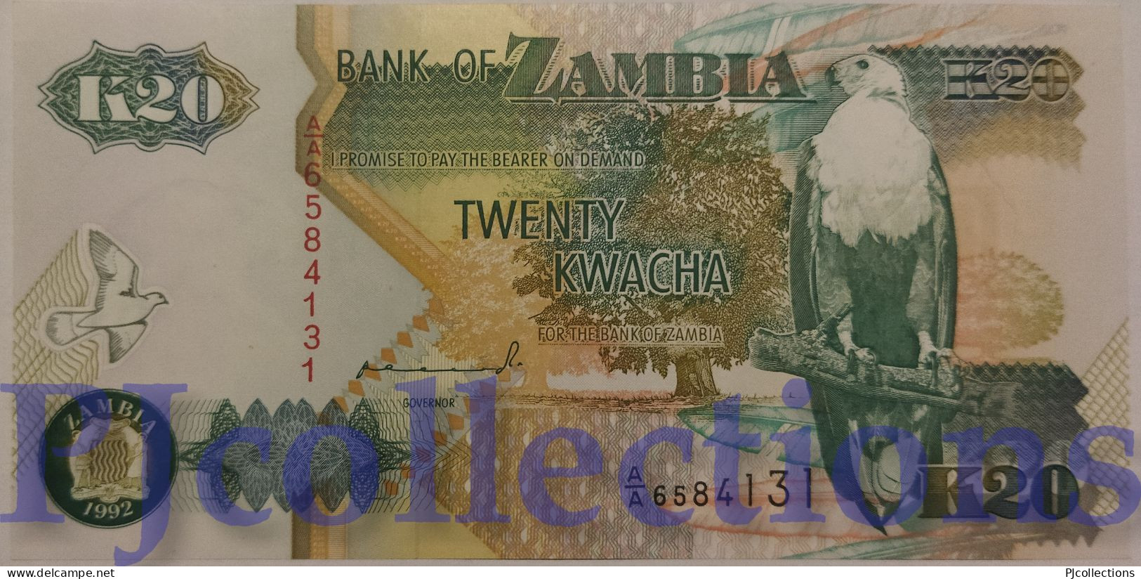 ZAMBIA 20 KWACHA 1992 PICK 36a UNC PREFIX "AA" - Sambia