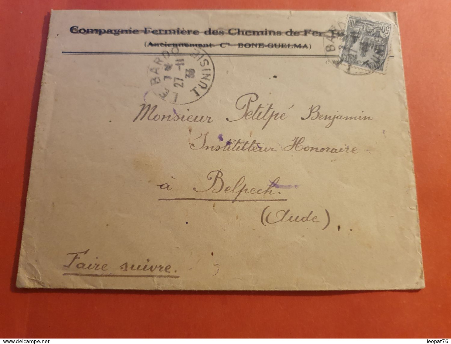 Tunisie -  Enveloppe Commerciale De Le Bardo Pour Belpech En 1933 - J 58 - Lettres & Documents